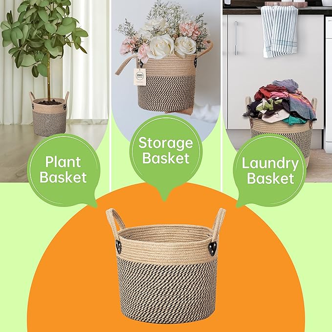 Zoes Homeware Jute Rope Basket - 12"x12" Woven Plant Pot Cover, Boho Indoor/Outdoor Multifunctional Storage