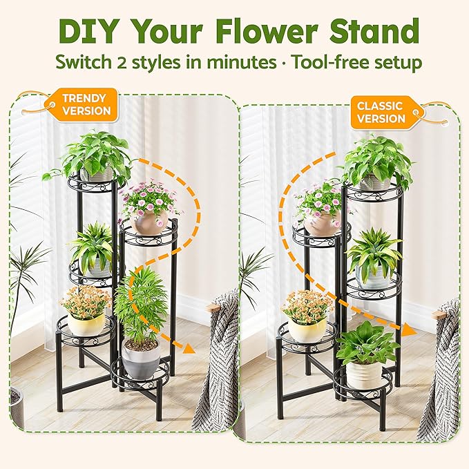 Plant Stand Indoor Garden Livingroon Corner Metal 5 Tier Multiple Flower Pot Holder Shelf Outdoor Furniture Black Circle