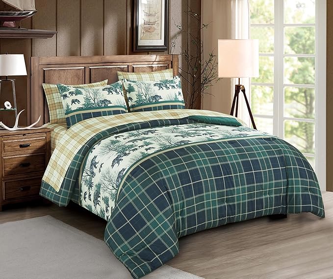 Chezmoi Collection Alpine 7-Piece Northwest Cabin Lodge Bed in a Bag Queen Comforter Set - Blue Green Ivory Tan Grizzly Bear Pine Tree Wilderness Printed Microfiber Bedding Set