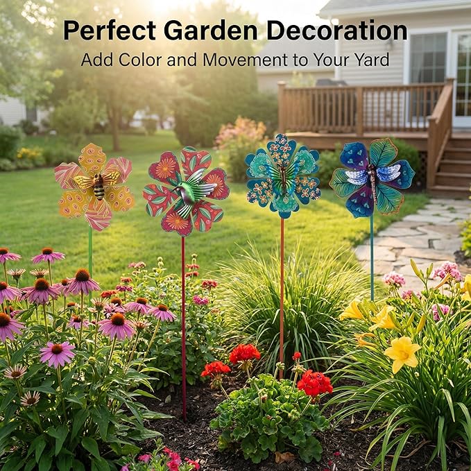 Topadorn Metal Floral Garden Stakes Waterproof Wind Spinner Decor - Colorful Windmill Design for Patio, Lawn, Garden, for Plant Lovers,4 Pack