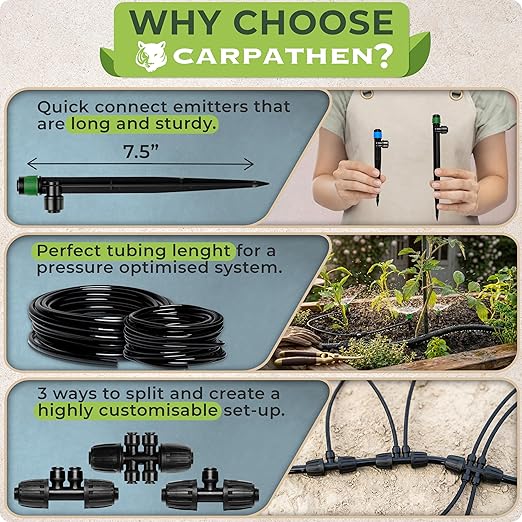CARPATHEN Drip Irrigation System Kit - Complete Quick Connect Garden Watering System with Adjustable Sprinkler Emitters, 5/16" & 1/4" Tubing - Drip Line for Raised Beds, Greenhouse