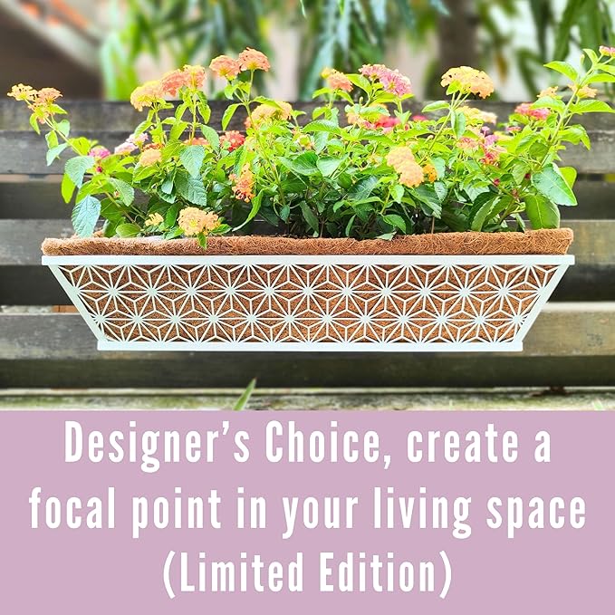LaLaGreen Window Boxes Planter (2 Pack, 24 Inch) White Metal Rectangular Wall Planters with Coco Liner, Horse Trough Deck Railing for Outdoor Plants Holder, Modern Rail, Balcony, Fence, Porch Patio