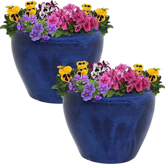 Sunnydaze Round Ceramic Planter - Set of 2 Indoor or Outdoor Plant Pots with Drainage Hole - Chalet - 12" - Imperial Blue Glaze