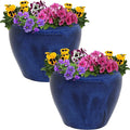 Sunnydaze Round Ceramic Planter - Set of 2 Indoor or Outdoor Plant Pots with Drainage Hole - Chalet - 12" - Imperial Blue Glaze
