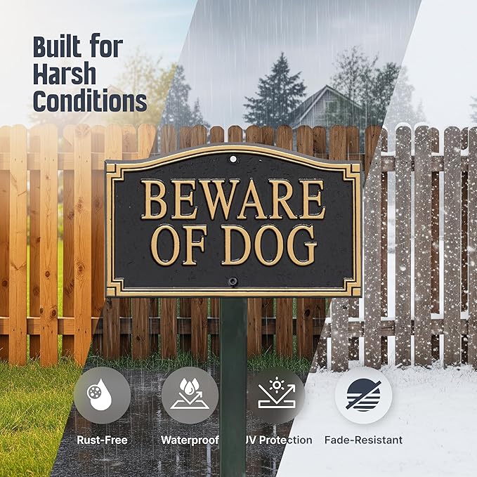 SmartSign Designer Beware of Dog Plaque/Marker/Sign with Stake 18" Tall | 5.75" x 9.5" Aluminum Metal Sign for Yard/Lawn, Gold & Black, Alumi-Shield Coating, Made in USA