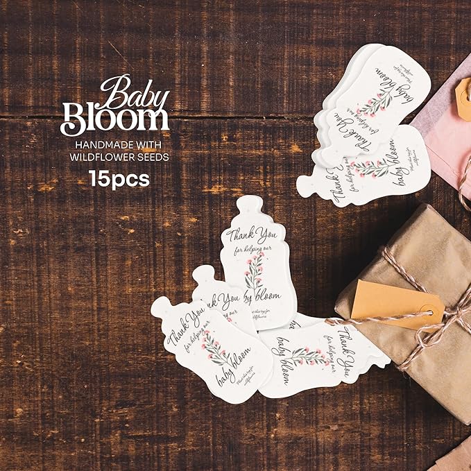 15pcs Pink Baby Bottle-Shaped Gift Tags with Wildflower Seeds - Writable Gift Wrap Tags for Baby Showers, Mother's Day Present, Party Favors, DIY Crafts, & Earth Day Decorations