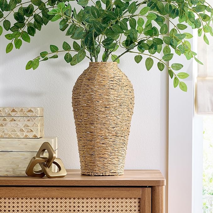 15" Woven Faux Seagrass Floor Vase – Large Decorative Planter, Indoor Greenery Display