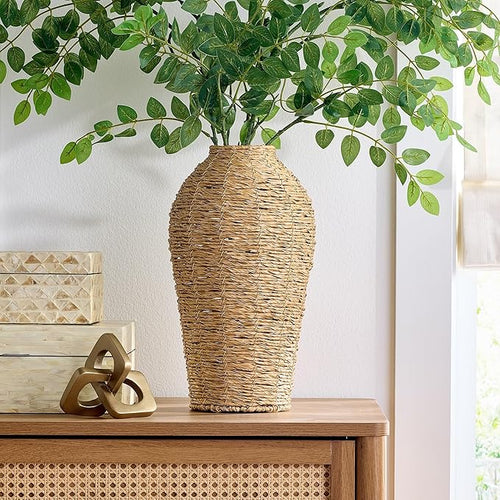 15" Woven Faux Seagrass Floor Vase – Large Decorative Planter, Indoor Greenery Display