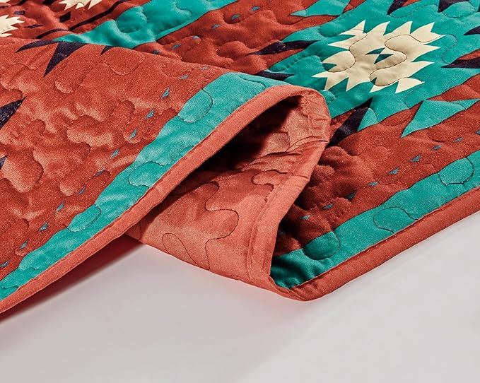 Chezmoi Collection 3-Piece Southwestern Geometric Tribal Quilt Set - Multicolor Red Teal Beige Lightweight Quilted Bedspread Set, King (118" x 95")
