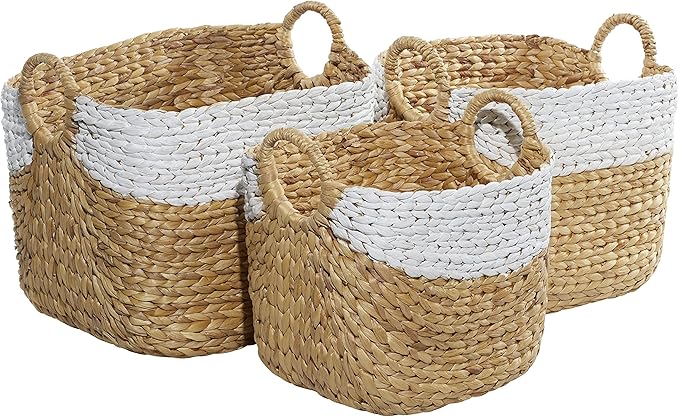 Deco 79 Seagrass Handmade Two Toned Storage Basket with Handles, Set of 3 19", 17", 15"W, Brown