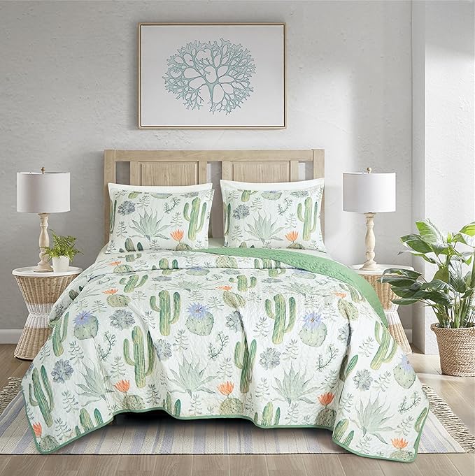 Chezmoi Collection Gregory 2-Piece Southwestern Serene Desert Quilt Set - Green Blue Cactus Succulent Plant Printed Microfiber Lightweight Quilted Bedspread Set, Twin (70" x 90")