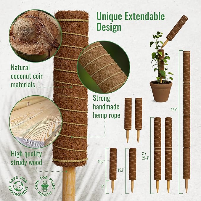 Organo Republic Moss Pole Monstera Plant Support Stakes - 2x26.4 or 48.7" Unique Self-Watering, Extendable Coco Coir Pole for Climbing Plant Supports for Potted Plants Indoor, Totem Pole for Pothos