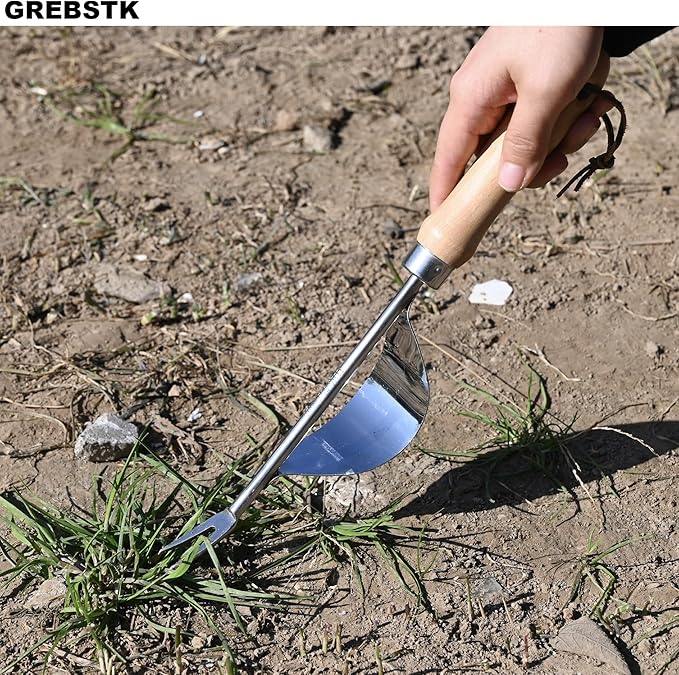 GREBSTK Hand Fork Stainless Steel Beech Handle Garden Tool Hand Weeder Fork for Aerating, Planting, Spreading Mulch, Weeding, Loosening, Transplanting Soil