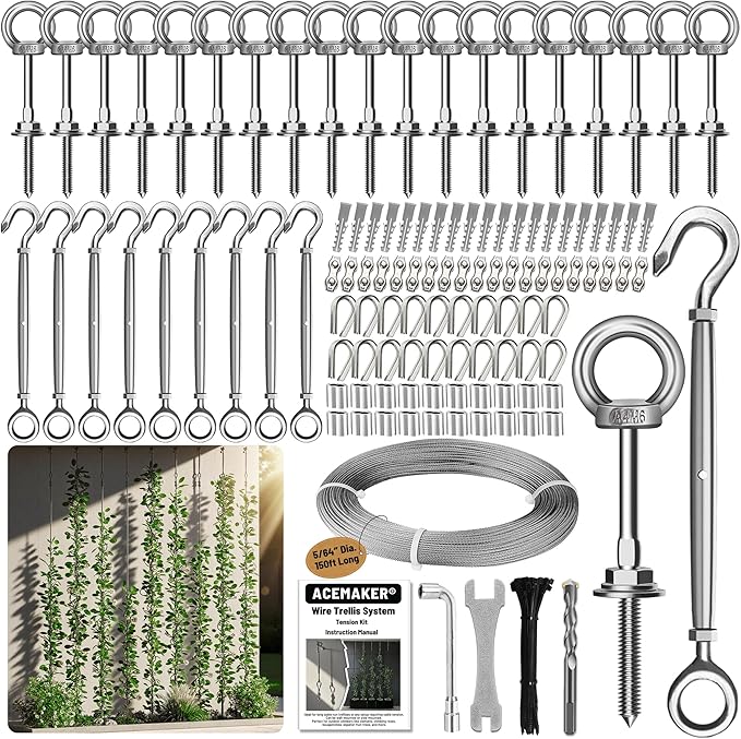 Tensioned Wall Wire Trellis Kit, 5/64”(2mm) x 150ft Cable with T316 Stainless Steel Turnbuckle Tensioners for Outdoor Climbing Plants Espalier System for Fence and Garden DIY Projects