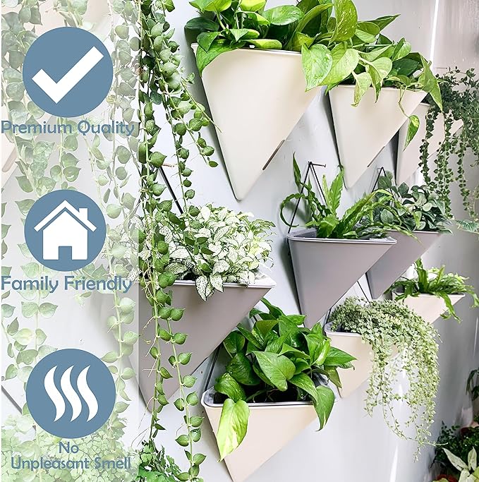 LaLaGreen Wall Planters - 4 Pack, 12 Inch Large Self Watering White and Gray Mixed Color Geometric Indoor Vertical Garden Plant Wall Hanging Flower Vase Vessel with Black Metal Hanger Modern Stylish