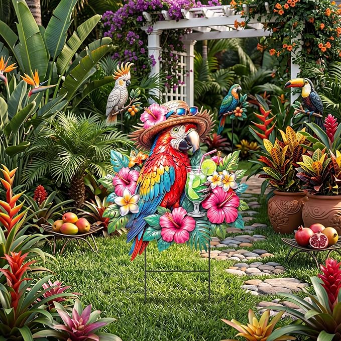 Amyhill Summer Outdoor Decor Tropical Parrot Metal Garden Stakes 25 Inch Jungle Leaves Floral Welcome Yard Signs Decorations Decorative Garden Stakes for Patio Lawn Walkway Backyard Porch Decorations