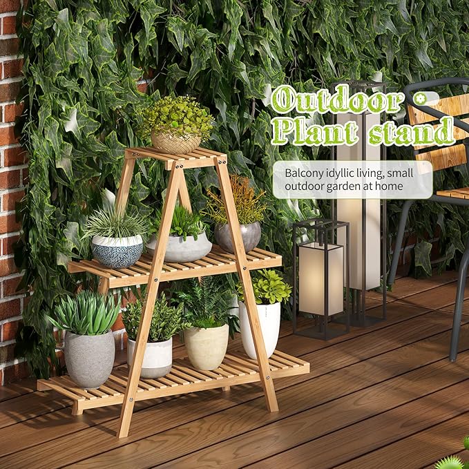 BMOSU Plant Stand Bamboo for Indoor Outdoor Tiered Plant Shelf 8 Potted Flower Holder Ladder Rack Garden Balcony Living Room Patio(3 Tier Natural)