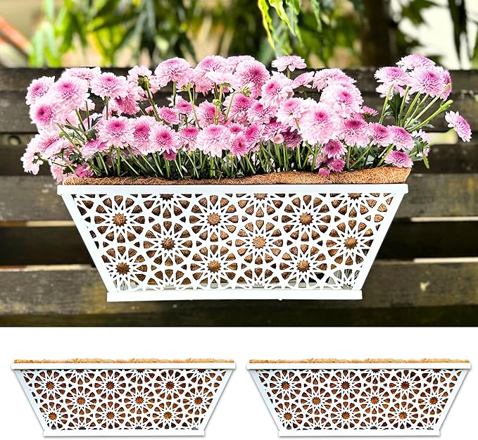 LaLaGreen Window Boxes Planters for Outdoor Plants (2 Pack, 16 Inch) White Metal Rectangular Wall Hanging Planters Deck Railing Flower Box with Coco Liners, Trendy Horse Troughs Balcony Patio Porch