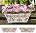 LaLaGreen Window Boxes Planters for Outdoor Plants (2 Pack, 16 Inch) White Metal Rectangular Wall Hanging Planters Deck Railing Flower Box with Coco Liners, Trendy Horse Troughs Balcony Patio Porch