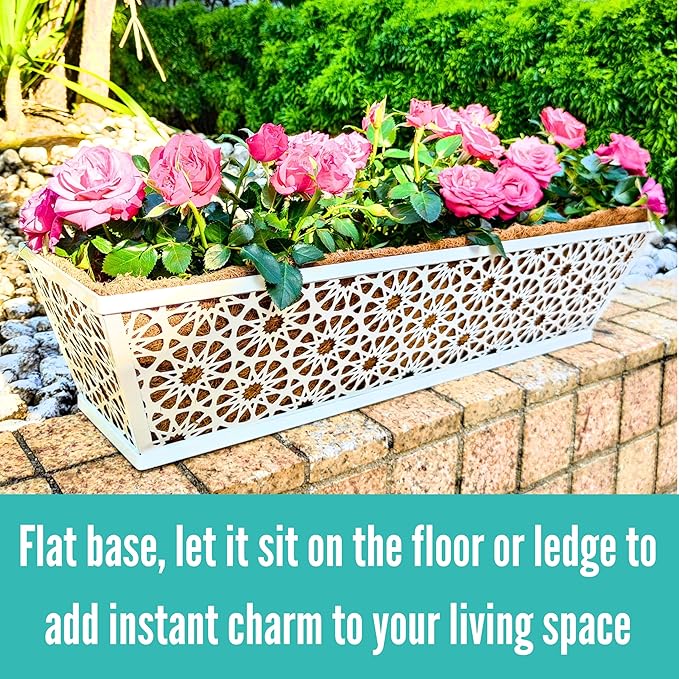 LaLaGreen Window Boxes Planters for Outdoor Plants (2 Pack, 24 Inch) Rectangular Fence Hanging White Metal Deck Railing Flower Box with Coco Liner Modern Horse Troughs Balcony Patio Porch Rail Decor