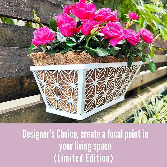 LaLaGreen Window Boxes Planter (2 Pack, 12 Inch) White Metal Rectangular Wall Planters with Coco Liner, Horse Trough Deck Railing for Outdoor Plants Holder, Modern Rail, Balcony, Fence, Porch Patio