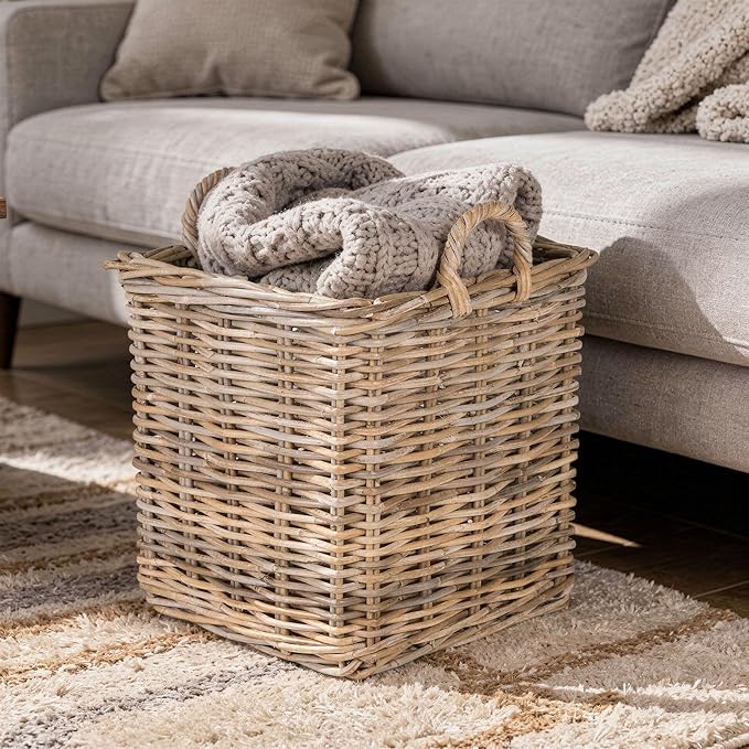 Kouboo Kobo Square Rattan Decorative Storage Basket and Planter, Medium Size, Gray