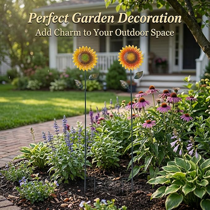 Metal Sunflower Garden Stakes Decor,2 Pack 39" Flower Garden Stake for Outdoor Home Garden Backyard Lawn Pathway Patio Sunflower Sticks Decor