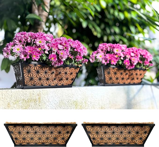 LaLaGreen Window Boxes Planter for Outdoor Plants (2 Pack, 16 Inch) Black Metal Basket Flower Pot Rectangular Wall Planters with Coco Liner, Horse Trough Deck Railing Balcony Modern Garden Fence Patio
