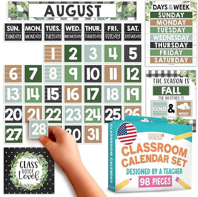 Hadley Designs Classroom Calendar Set Bulletin Board Decorations - Greenery School Calendar for Classroom Decor, Kindergarten Preschool Elementary Teacher Must Haves, Homeschool & Daycare Essentials