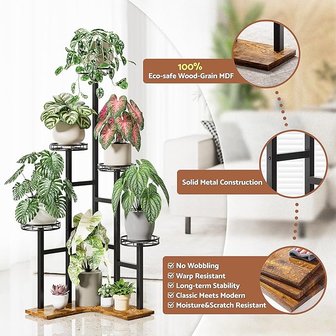 Tall Plant Stand Indoor Outdoor, 6 Tier Corner Tall Metal Wood Shelf Display Rack, Multi-tier Planter Pot Holder Flower Stand for Garden Balcony Living Room Bedroom