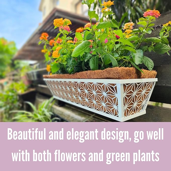 LaLaGreen Window Boxes Planter (2 Pack, 24 Inch) White Metal Rectangular Wall Planters with Coco Liner, Horse Trough Deck Railing for Outdoor Plants Holder, Modern Rail, Balcony, Fence, Porch Patio