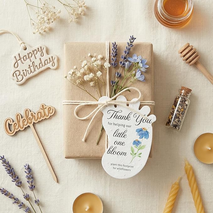 12pcs Blue Footprint-Shaped Gift Tags with Wildflower Seeds - Writable Gift Wrap Tags for Baby Showers, Mother's Day Present, Party Favors, DIY Crafts, & Earth Day Decorations