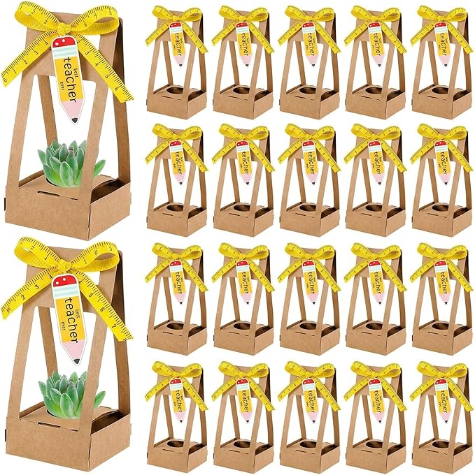 AmazingSpark 24 Pcs Teacher Appreciation Gift - Succulent Wrap Bags with Pencil Pattern Cards Bulk Kraft Paper Succulent Box for 2 Inch Pots for Teacher Graduation End of Year Gift