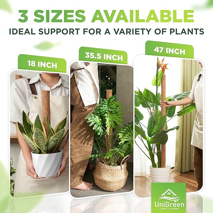 UNIGREEN 2Pack 30'' Premium Moss Pole, Coir Totem Poles for Indoor Plants, 18'' Moss Sticks, Garden Ties - Support and Train Creepers and Climbing Plants