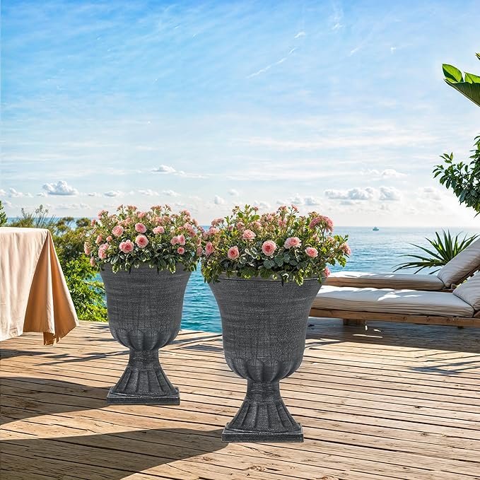 Autodaya 22" Timeless Urn Planters for Outdoor Plants, Set of 2 Plastic Large Flower Pot with Handmade Washed Black Finish, Weather-Resistant for Porch, Garden, Patio or Indoor Use