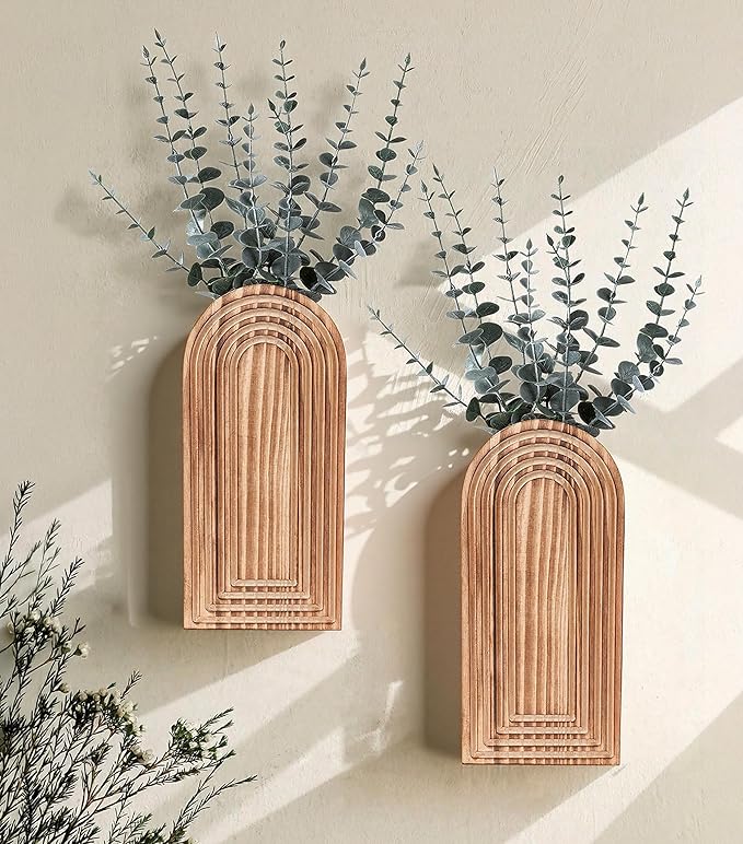 DREAMLOOM 2 Pack Wooden Wall Vases with Eucalyptus Artificial Plants, Wall Hanging Planters Boho Modern Farmhouse Indoor for Narrow Spaces Entryway Bathroom Home Office Decoration, Black