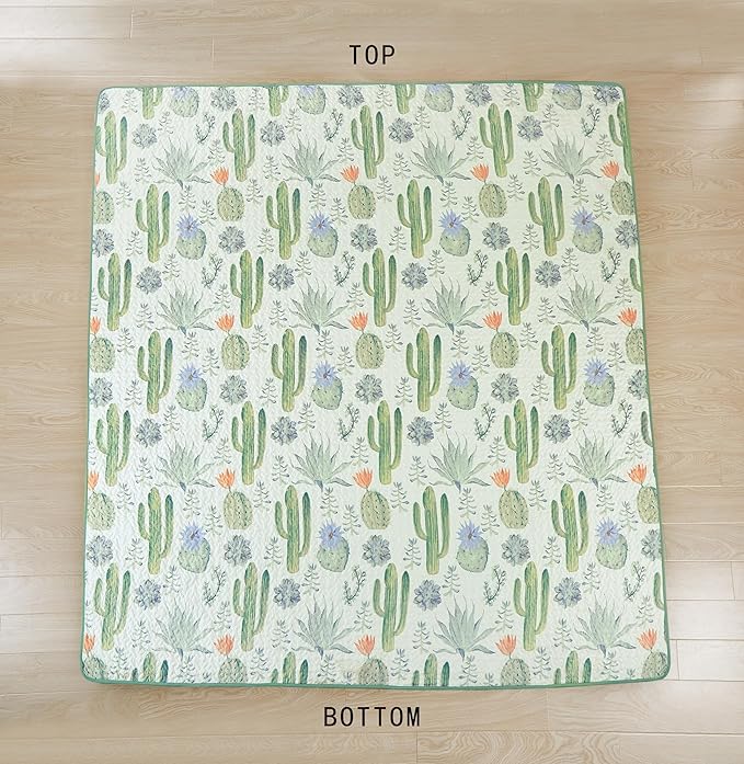 Chezmoi Collection Gregory 3-Piece Southwestern Serene Desert Quilt Set - Green Blue Cactus Succulent Plant Printed Microfiber Lightweight Quilted Bedspread Set, Queen (100" x 95")