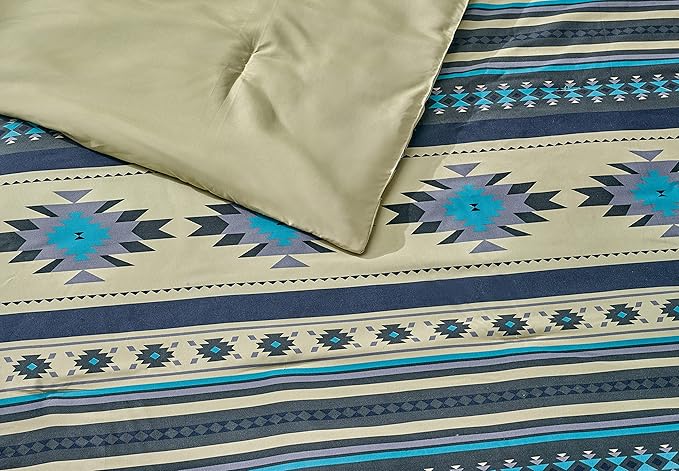 Chezmoi Collection 3-Piece Southwestern Geometric Tribal Multicolor Teal Beige Black Gray Comforter Set, Full Size