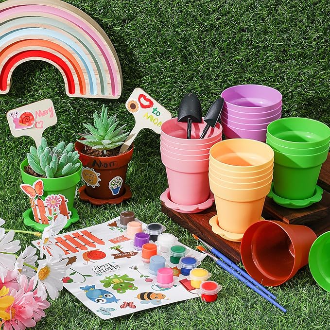 SiliFine 24 Sets Spring Kids Plant Growing Kit Flower Pots Cupcake Plant Nursery Pots Gardening Kit for Kids with Paint and Stickers Labels Name Tag for Easter Mothers Day Craft Bulk Classroom