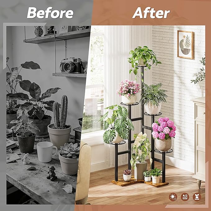 Plant Stand Indoor Outdoor, 6 Tier Tall Metal Wood Shelf Holder Display Rack Flower Pot Stand for Patio Garden Balcony Living Room Bedroom