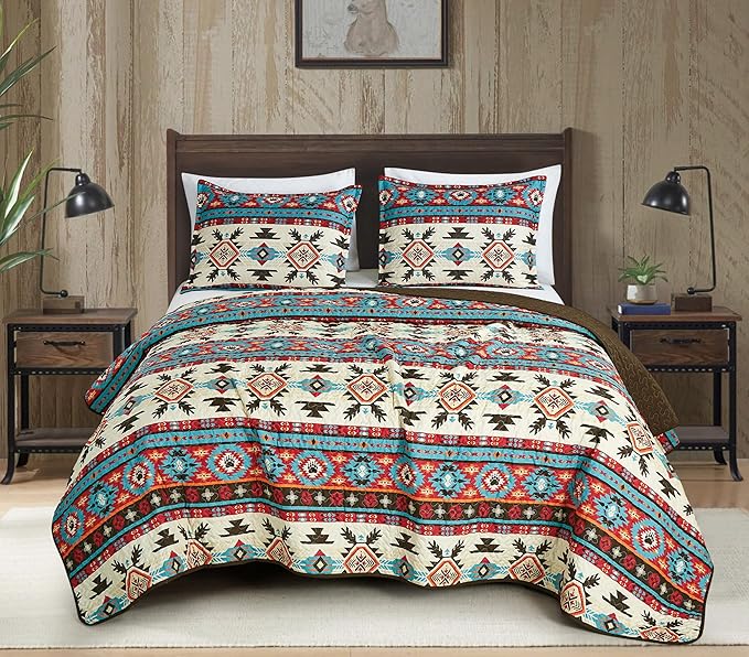 Chezmoi Collection Sanse 3-Piece Southwestern Geometric Motif Quilt Set - Multicolor Red Brown Blue Cream Printed Microfiber Lightweight Quilted Bedspread Set, Full (90" x 95")