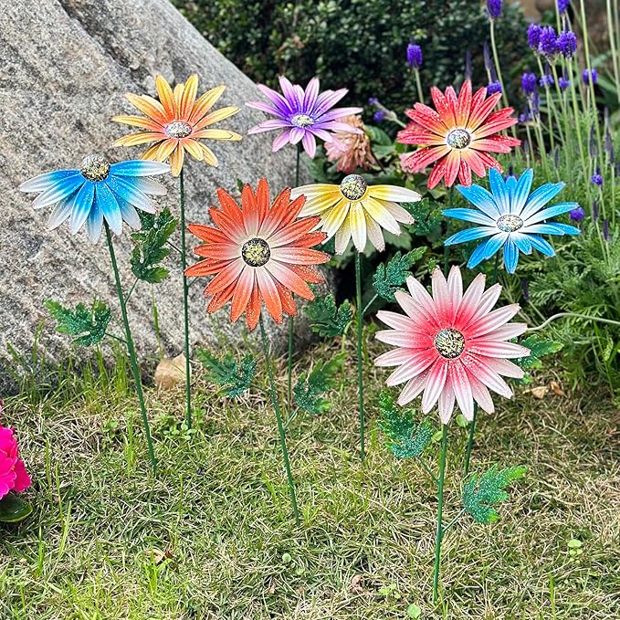 Metal Flowers for Outside, 8 Pack Decorative Garden Stakes with Spring Design, 16.5 Inch Handmade Iron Outdoor Metal Garden Decor, Flickering Daisy Yard Art for Patio Lawn
