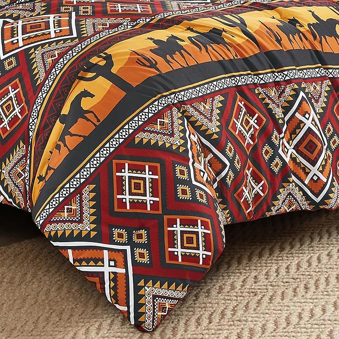 Chezmoi Collection Barrett 3-Piece Southwestern Sunset Cowboys Comforter Set - Multicolor Red Orange Black White Printed Washed Microfiber Bedding, Queen