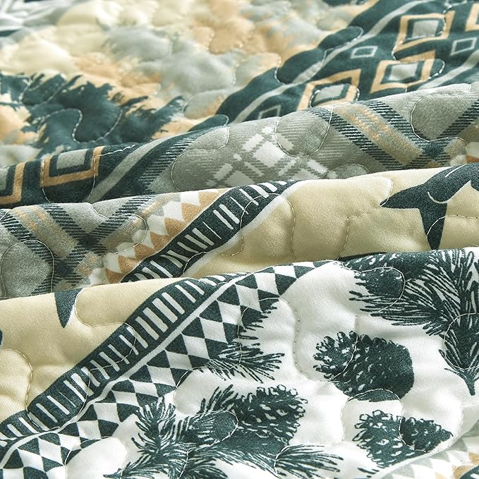 Chezmoi Collection Lake 3-Piece Lodge Quilt Set King - Multicolor Pine Tree Fish Deer Explorer Mountain Printed Microfiber Lightweight Bedspread Set for All Season
