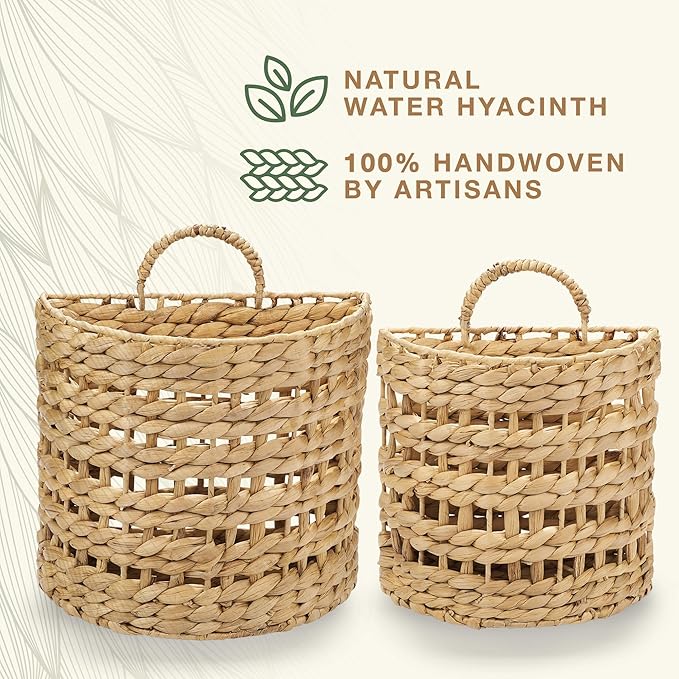 Set of 2 Wicker Hanging Basket for Organizing, Front Door, Mail, Flowers - Woven Wall Baskets for Storage