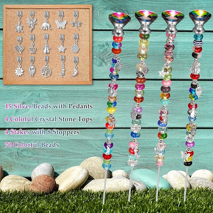 MTLEE 101 Pcs DIY Fairy Mini Wand Garden Beaded Stakes Kit Decorative Beaded Garden Stakes with Diamond Stopper Top Multiple Color Round Glass Bead with Pendant Silver Bead for Outdoor Decoration