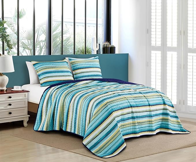 Chezmoi Collection Morgan 2-Piece Striped Quilt Set - Green Blue White Striped Printed Microfiber Lightweight Quilted Bedspread Set, Twin (70" x 90")