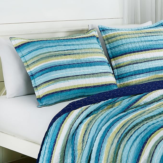 Chezmoi Collection Morgan 3-Piece Striped Quilt Set - Green Blue White Striped Printed Microfiber Lightweight Quilted Bedspread Set, Queen (100" x 95")
