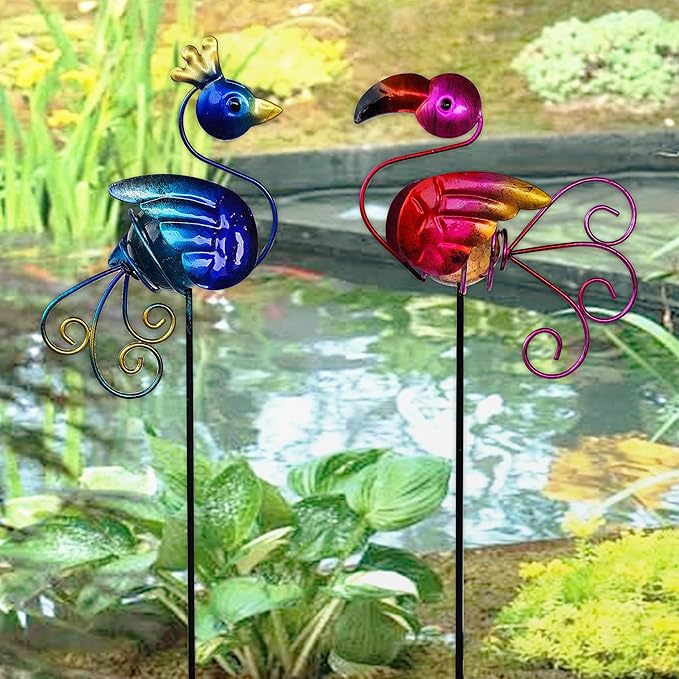 Garden Decor for Outside, Set of 2 Metal 16.5” Decorative Garden Stakes with Peacock Flamingo for Garden Decorations, Welcome Yard Sign Art Stakes for Outdoor Lawn Backyard Porch