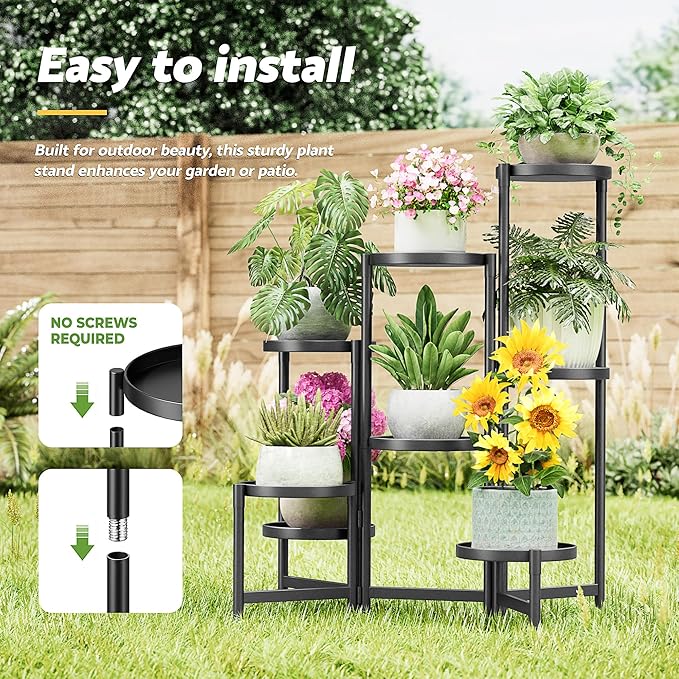 Black Stand Plants, Metal Tiered Plant Stands Indoor, 8 Tier Corner Flodable Plant Stand Outdoor Planter Flower Pot for Multiple Plants, Floding Display Racks for Patio Porch Balcony